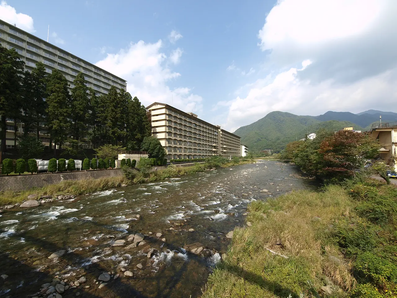 利根川と上牧温泉街（みなかみ町）